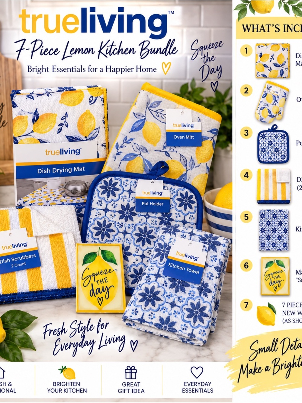 TrueLiving Lemon 7-Piece Kitchen Linen Bundle - Yellow & Blue